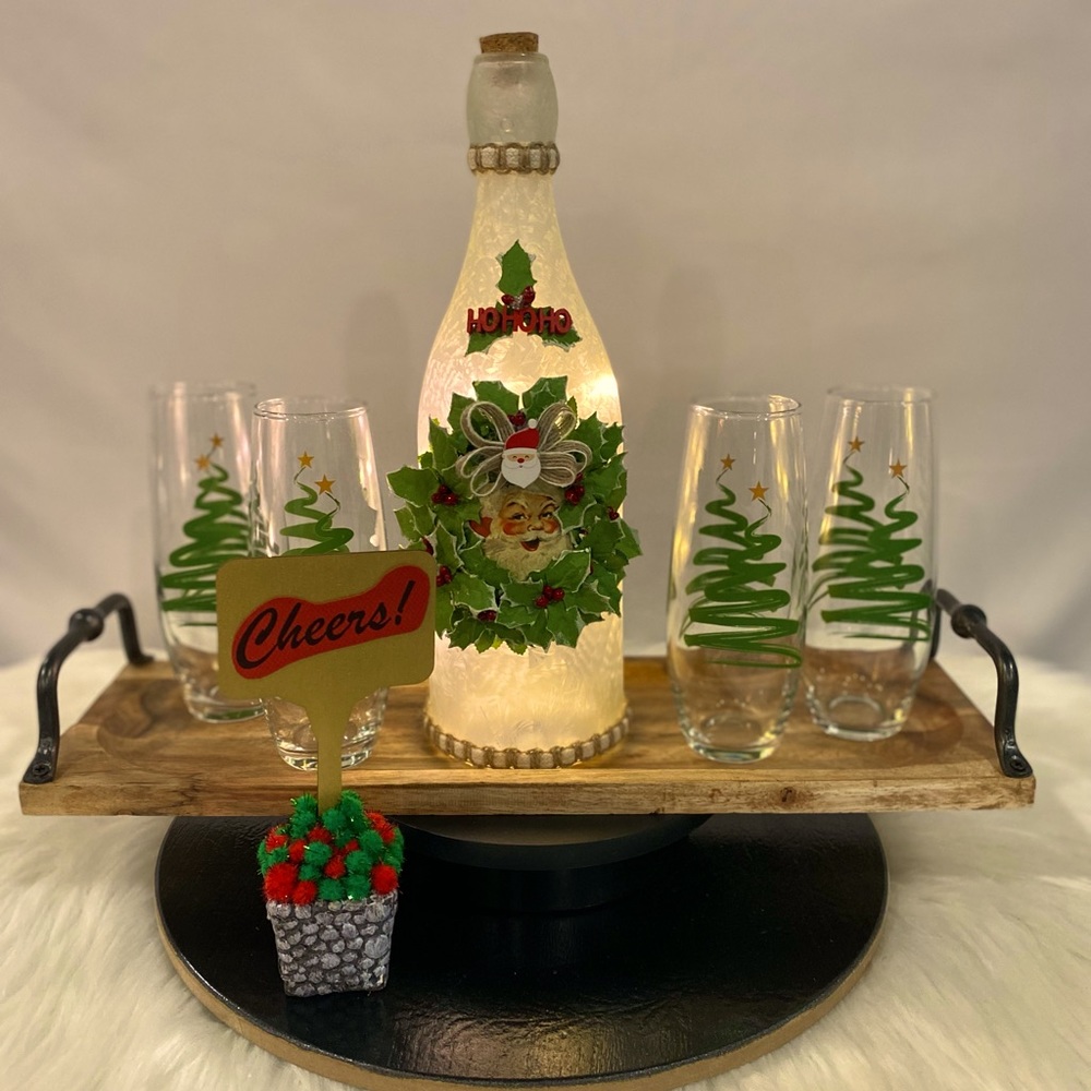 Champagne/Wine Flutes with Christmas Lighted Wine Bottle Display Serving Tray